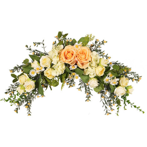 Guirlande de roses et gypsophile - Collier mural de fleurs artificiel en tissu de soie et rotin, multicolore - 45×28cm