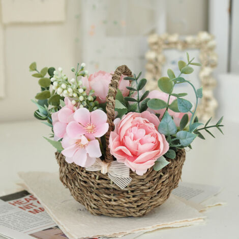 Pot de Fleurs Artificielles avec Panier - Plastique Haute Qualité / Similicuir - Multicolore - 15x11x15cm - Décor Maison/Petits Cadeaux (1/5)