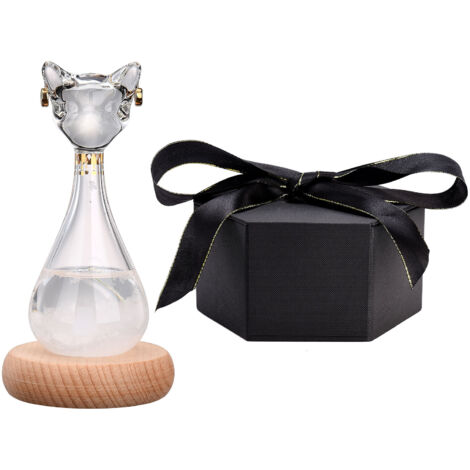 Baromètre Prédictif de Tempête Verre Design Égyptien Chat, Base Bois, Kit Déco Maison/Cadeau, 12x7x5 cm, Coloration Négative (1/5)