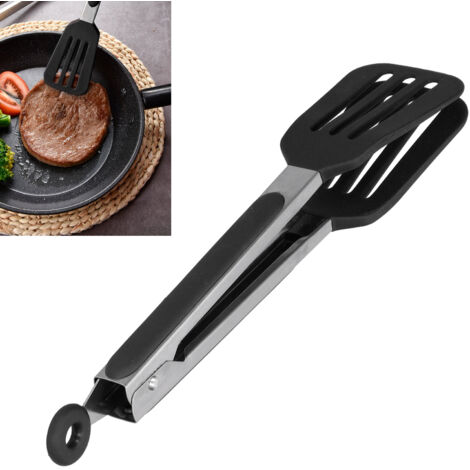 Pince pour steak avec revêtement en silicone et système de pliage intégré, pince barbecue à mâchoires larges en acier inoxydable 12po noir 126-147g (1 unité) (1/5)