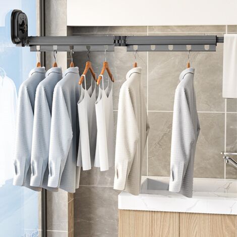 Porte-linge mural extensible Tévela Pro aluminium gris avec ventouses puissantes, pour balcon, espace réduit, sans perforation. (1/5)