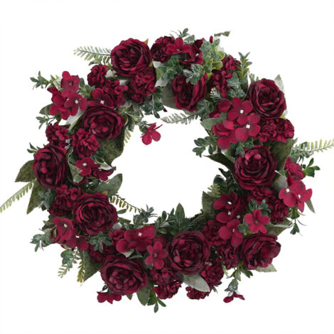 Couronne artificielle peony vintage rouge rattan et tissu pour décoration porte multi-saison 40cm diamètre (1/5)