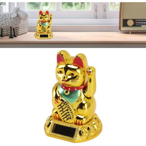 Figurine Chat Maneki Neko Doré avec Bras Mobile Induction Lumière Solaire Ornement pour Maison Voiture [Plastique Haute Qualité 45g 8x4.5x4.5cm] (1/5)