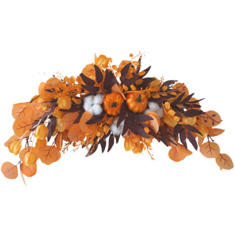 Décoration d’Automne Artificielle pour Porte Halloween Thanksgiving avec Fleurs devant la Porte et Couronne en Plantes Feutrées et Cotton Pumpkins [70 cm] -Décoration Murale et Table - Kit d’1 Couronn (1/5)