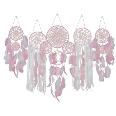 Attrapeur de rêves bohème mural avec motifs lune et étoiles et plumes, pour la décoration de chambre - 5 pièces en métal et plumes (multicolore) (1/5)