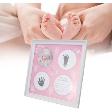 Kit pour empreintes mains/pieds de nouveau-né - Cadre photo plastique résistant - Décor rose - Poids 390g, taille 29cm (1/5)