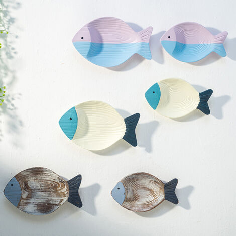 Décoration Murale Sculpture de Poisson Bois Thon pour Style Marin Plage Décor 2 Poissons Hanging Art (1/5)