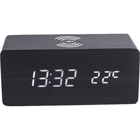 Réveil Électronique LED Digital avec 3 Alarmes et Chargement Wireless 10W pour Chambre - MDF + PVC, Noir (1/5)