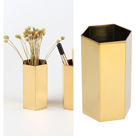 Pot de stylos hexagone en stainless steel galvanisé doré élégant, résistant, exécution lustrée pour usage bureau et cadeau (Poppodium 10.7cm) (1/5)