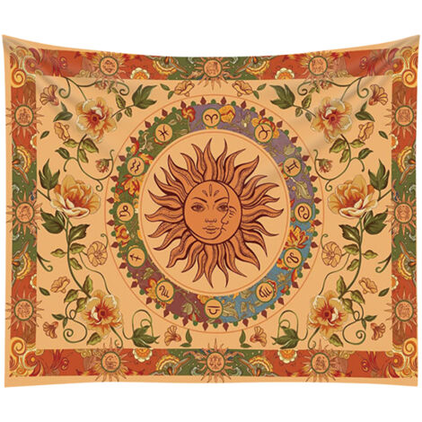 Tapisserie Décorative Bohème - Écharpe Soleil Orange et Lune en Polyester 150x200cm - Jaune Vibrant - Ensemble Tapestry pour Salon et Décoration D'Intérieur (1/5)