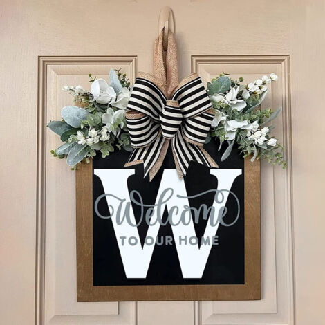 Couronne de Porte en Bois pour Accueil avec Letter Nom et Garniture Artificielle, Décor d'entrée Annuel et Signe Bienvenue Artificielle Letter Garland [Décoration Maison  Bois  Multicolor]