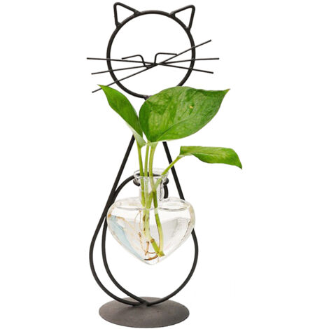 Structures Hydrophonique pour Fleurs en Fer, Vase à Bulbe en Verre Borosilicate, Support Simple Chat Noir ou Doré, Ensemble Complet 20x19x8.5cm/28.5x12x8.5cm (1/5)