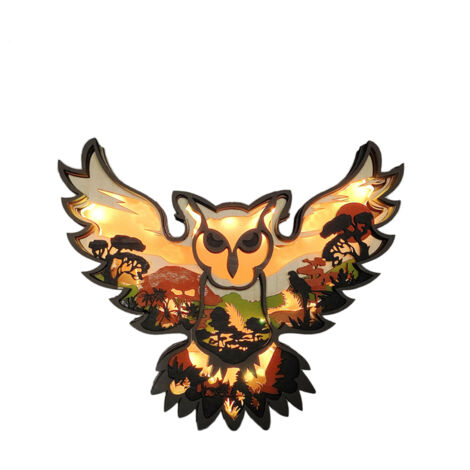Décoration Murale Artisanale en Bois Sculpté Owl avec Lumière Intégrée pour Salon et Chambre Art 3D Multilayer Dimensions 18.5x15.8x1.5cm en Édition Unique (1/5)
