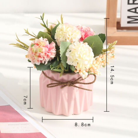 Bouquet d'Hydrangeas Artificiel en Pot avec Vase Ceramique Rose - Décor de Table 14.5cm, Silk Fleur Faux pour Maison (1 Pièce) (1/5)