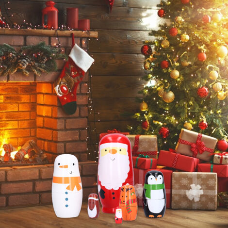 Poupées Russes Nesting 6 Pièces Artisanales Bois Décor Cartoon Ornament Noël Gift (1/5)