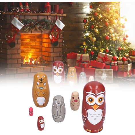 Poupées russes 6Pcs bois artisanales décor animal cartoon maison cadeaux enfants festifs (1/5)