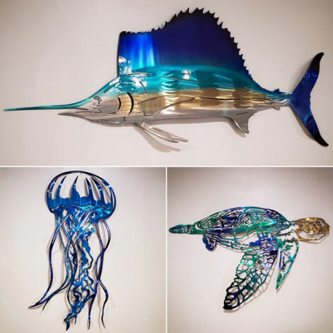 Décor mural métal galvanisé marine 3 sculptures : Espadon 30cm, Méduse 40cm, Tortue marine 30cm Ensemble unique cadeau décoration intérieur (1/5)