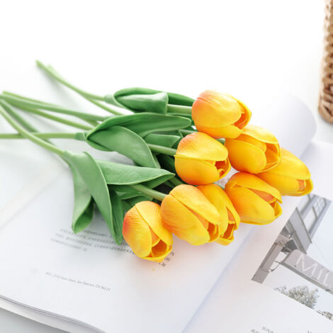 [Bouquet de Tulipes Miniatures] Bouquet de Tulipes Miniatures PU pour Décor de Mariage Faux Plantes Rouge Sunset pour Maison Hôtel Fête Événement (1/5)