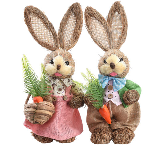 Décoration de Pâques Set de 2 Lapins en Roseau Naturais Bunnies avec Carotte 35cm Foam et Cattail Vert Rose (1/5)