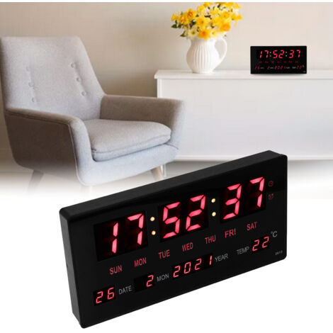 Horloge Murale Digitale LED - Cadran Grand Format, Date et Température - Aluminium/Plastique, 27.5x13.7cm, Noir (1/5)
