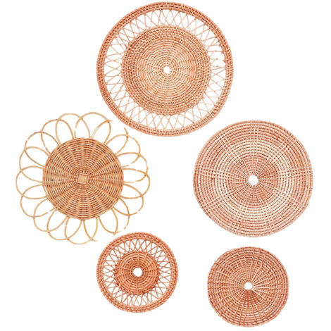 Décoration murale tissée en rotin, Set de 5 paniers suspendus marron-beige, Formats 20-33cm, Artisanat bohème pour salon chic et rangement pratique (1/5)