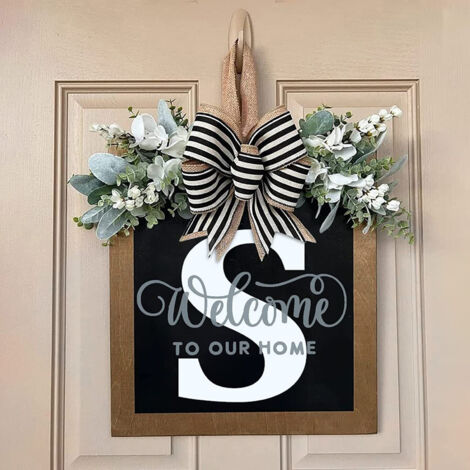 Couronne de porte annuelle avec lettre et guirlande artificielle - Signe de bienvenue et décoration murale, Multicolor, Matériel Bois, Modèle S (1/5)