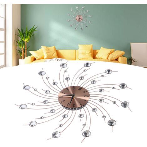 Horloge Murale Moderne [Horloge Murale en Fer Forgé Diamantée Dorée Rose pour Salon] en Plastique et Métal, Diamètre 49cm, Décoration Maison avec Design en Diamants (1/5)