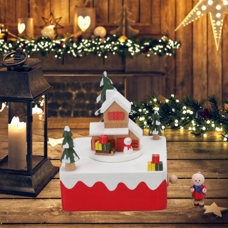 Boîte à musique tournante en bois beech - Jouet musical et décoratif d'artisanat - Ornement cadeau de Noël avec bonhommes de neige sur traîneau rouge (1/5)