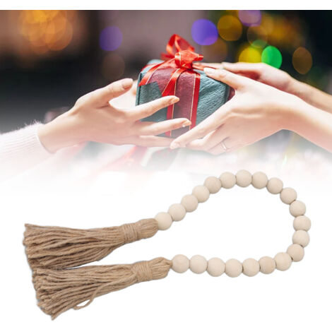 Collier de perles en bois naturel fait main avec franges - Décoration murale ou cadeau artisanal pour maison bohème et ferme (1/5)