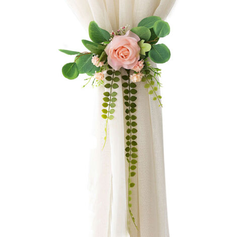 Ruban porte fleurs en tissu [Ensemble 1] [Taille 30x60cm] - Décor romantique avec roses artificiels pour rideaux fins ou épais, couleur rose, champagne, violet et jaune (1/5)