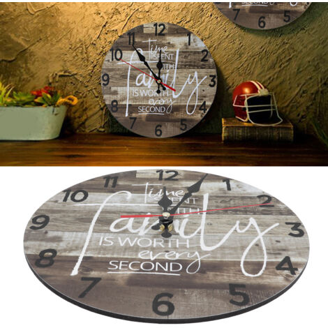 Horloge murale ronde en MDF design retro pour salon/chambre sans tic-tac, 25cm avec crochet et pile AA exclue (1/5)
