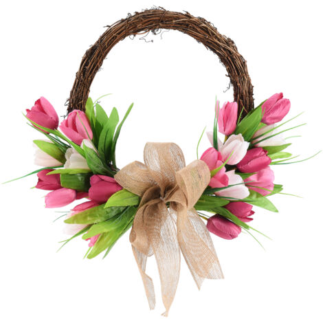 Couronne Artificielle Tulip [Couronne de Fleurs] [Matière: Rattan et Soie] [Diamètre: 40cm] [Couleurs: Assorties, Rose, Blanc] [Pour Porte, Mur, Table] (1/5)