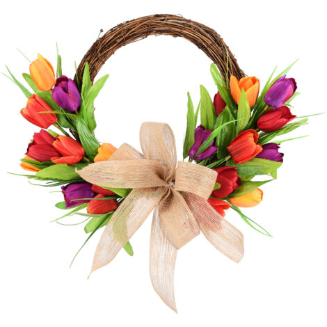 Couronne de Tulipes Artificielle  Décor Florale de Porte  Rattan Naturel  Diamètre 40cm  Fleurs Soie Énergiques  Coloris Assortis, Rose, Blanc  Wreath de Tulipes pour Décor Maison, Bureau (1/5)