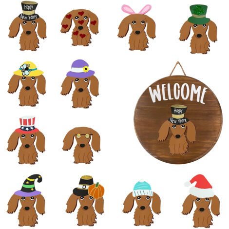Signal de bienvenue pour chien en bois avec 12 plaques interchangeables pour toutes les saisons et festivités - 30x30 cm (1/5)