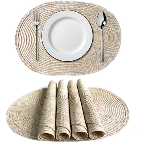 Set de 2 sets de nappe ovales tissées en polypropylène résistant à la chaleur - Dimensions 50x35 cm - Vert/Brun/Gris/Jaune - Lavable et antidérapant (1/5)