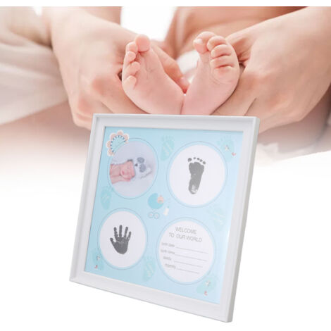 Kit de empreintes mains et pieds pour bébé nouveau-né - Cadre souvenir durable en plastique et panneau densité bleu avec 2 cartes d'empreintes (1/5)