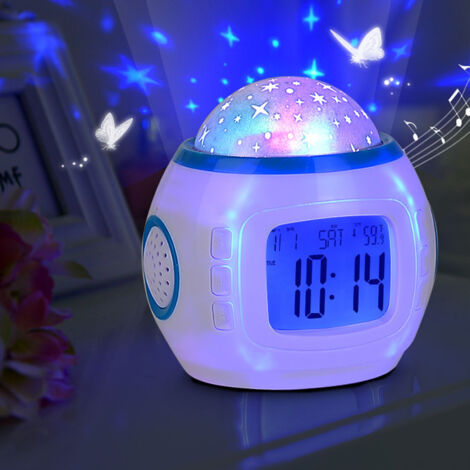Réveil Projecteur avec Lumière, Thermomètre, Calendrier, Musique et Snooze – ABS, 10.4cm, 7 Couleurs, 185g (1/5)