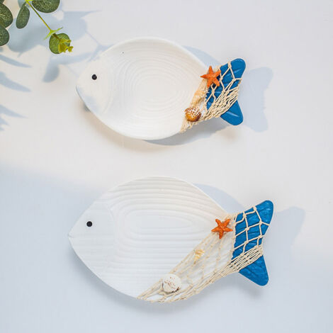 Décoration murale bois - Sculpture de poisson vintage pour thème marin - Ensemble de 2 pendentifs en bois naturel (24cm & 20cm) - Décor mural pour salle de bain, cuisine, salon, bureau (1/5)