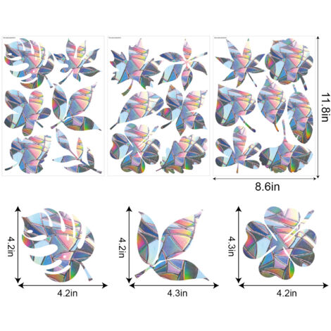 [Autocollants décoratifs] 3 planches autocollants anti-collision vitres feuilles arc-en-ciel PVC électrostatique 19 motifs adhésif amovible fenêtres veranda taille 22x30cm (1/5)