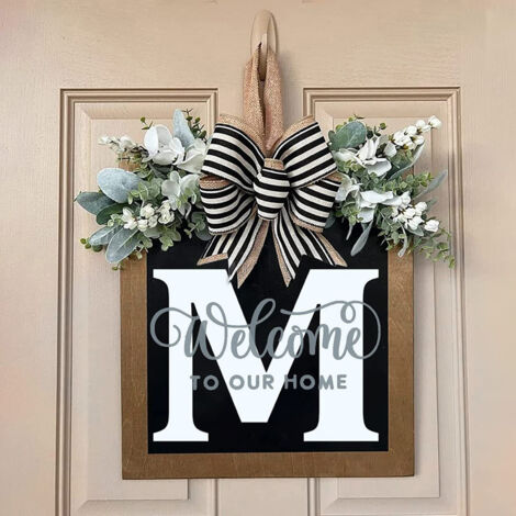 Letter de Bienvenue pour la Porte avec Décoration Artificielle M en Bois pour toutes les Saisons (1/5)