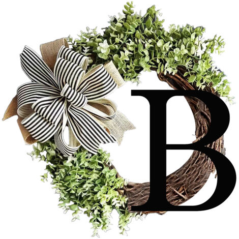 Couronne de Porte Lettre B en Bois avec Ruban pour Décorations Cour et Maison - Modèle Vert 36cm - Matière Bois et Plastique - Cadeau Jardinage