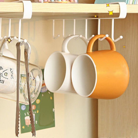 Porte-Mugs Sous Étagère - Crochets 6 Supports Sans Percage - Blanc - Fer - Organisateur Étagère Kitchen Utensils
