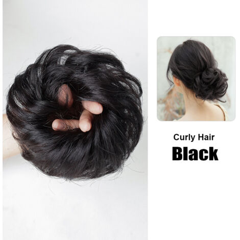 Chignon artificiel synthétique Messy Bun Extension pour femmes - Tresse/boucles Scrunchies donut naturel pour ponytail - 2 pièces Noir/Brun clair (150mm) (1/5)
