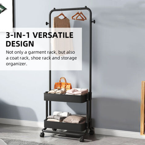 Porte-veste 3-en-1 - Rangement Mobile avec 2 Paniers et 2 Crochets pour Salon Chambre - Noir (150x42x35cm) (1/5)