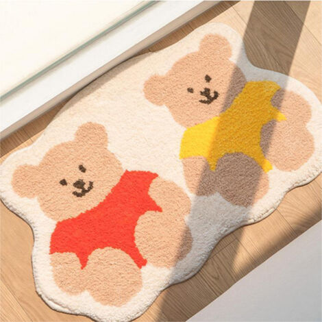Tapis de bain antidérapant imitation cachemire avec motif ours cartoon - Absorbant, polyester premium, 60x90cm, rouge et jaune (1/5)