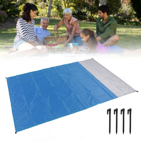 Tapis de plage polyester waterproof folding pour camping outdoor picnic 200x140cm blue gray avec 4 nails windproof sand mat facile à laver portable (1/5)