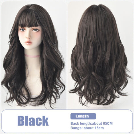Perruque Synthétique Longue 65 cm avec Frange - Wig Cap Adjustable - Matière Résistante à la Température - Noir/Marron Clair/Marron Foncé