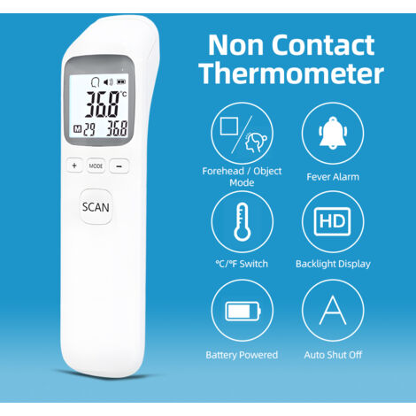 Thermètre Infrarouge Frontale - Thermètre Digital Sans Contact avec Alarme Fièvre, Précision Instantanée, Mémoire 32 Lectures, écran LCD, ABS Blanc, 165 x 40 x 40 mm, Souple et Multifonctionnel (1/5)