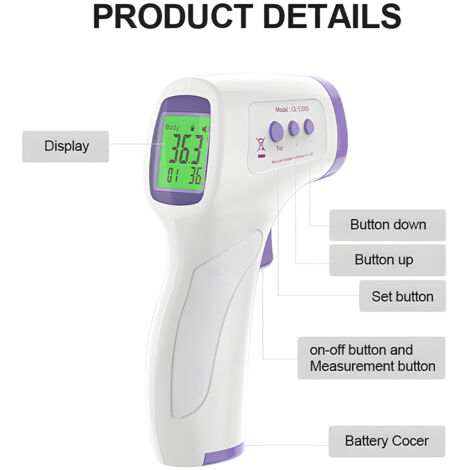 Thermomètre frontal LCD Thermomètre numérique avec alarme de fièvre indicateur 3 couleurs résultats rapides Thermomètre infrarouge sans contact facile pour toutes les âges (1/5)