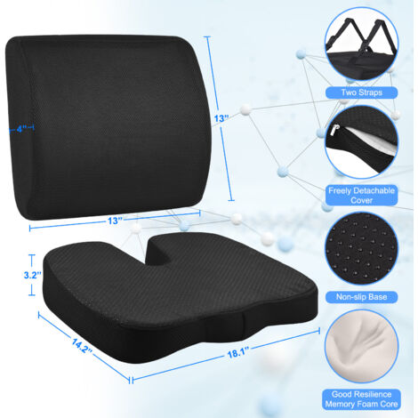 Coussin de siège & support lombaire Aoresac avec strap ajustable - Coussin ergonomique mémoire 100% pour bureau/car/travel (1/2)